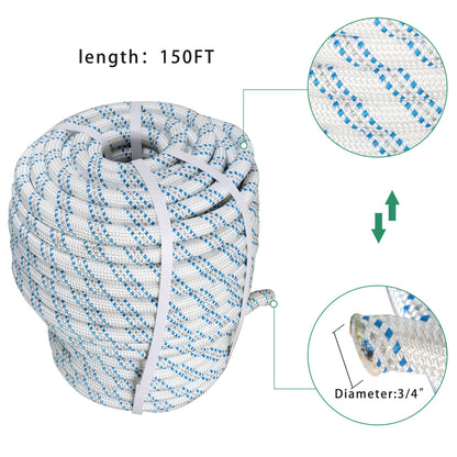 findmall 3/4 In Braid Polyester Rope Bull Rigging High Force Polyester Rope 150 FT White Grey Blue