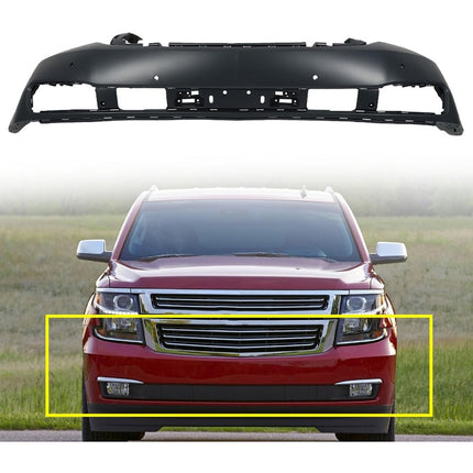 Findmall Primed Front Bumper Cover with Parking Sensor Holes Replacement for 2015-2020 Chevrolet Tahoe Suburban, GM1000974, 23320623