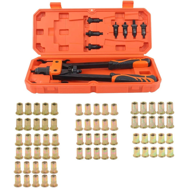 Findmall Professional 14-Inch Rivet Nut Tool Kit - 7 Mandrels and 70Pcs Metric and SAE Sizes Rivet Nuts Set, Hand Riveter Gun for Metal, Automotive, DIY with Durable Case