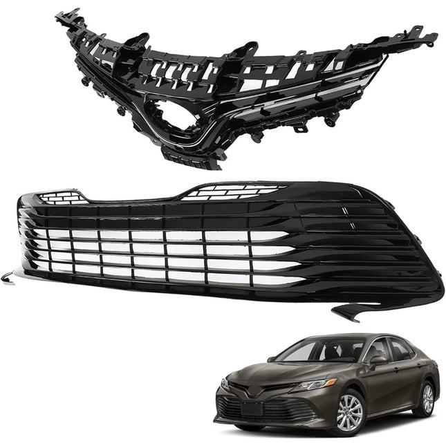 Findmall 2-Piece Front Upper and Lower Grille Set for 2018-2020 Toyota Camry L LE XLE, Gloss Black