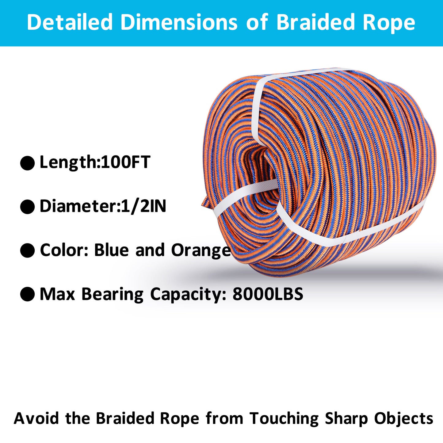 findmall 1/2 Inch 100 Feet 12 Strand Braided Rope Polyester Rigging Rope Tensile Strength 8000 Pounds Bull Rope Suitable for Camping Tree Working Swing Blue Orange