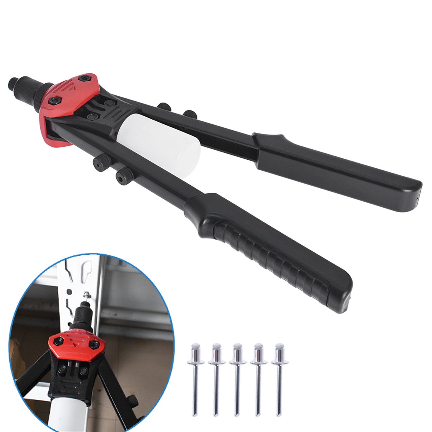 13" Rivet Gun Heavy Duty Hand Riveter with 5 Replaceable Nosepieces Excellent Leverage Design Collecting Bottle Included for Instrument Automotive Elevator Aviation Railway and DIY Home Projects