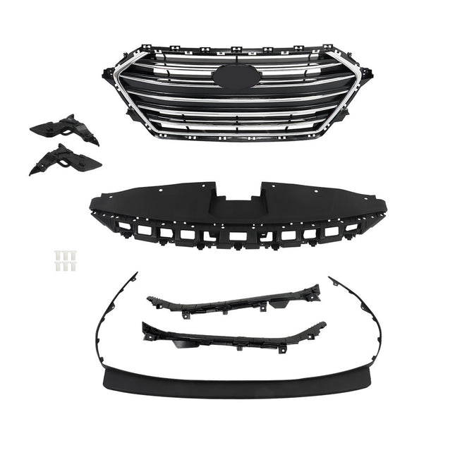 Findmall 7-Piece Black and Chrome Front Grille Radiator Cover and Bumper Bracket Kit Replacement for Elantra 2017-2018 86356F3000 86350F3000