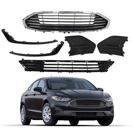 Findmall Front Bumper Grille Upper Lower Grills with Fog Lamp Covers Black Trim Assembly Replacement for 2019 2020 Fusion SE SEL