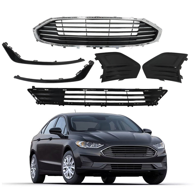 Findmall Black Front Upper and Lower Bumper Grille Set with Fog Lamp Covers Replacement for Fusion SE and SEL 2019-2020