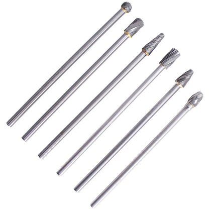 findmall 6Pcs Carbide Alloy Rotary Burr Set 6mm(1/4") Shank 10mm Head 150mm Length for DIY Woodworking Metal Carving Polishing Engraving Drilling