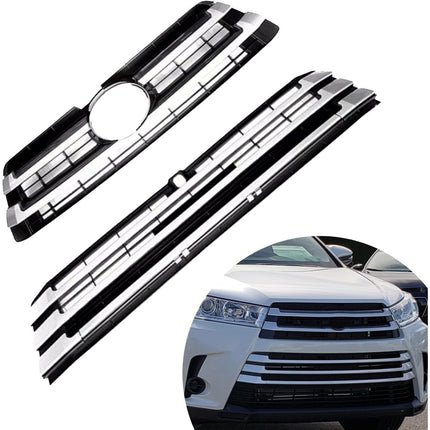 Findmall Front Upper and Lower Honeycomb Grille Set for 2017-2019 Toyota Highlander, Black with Chrome Trim